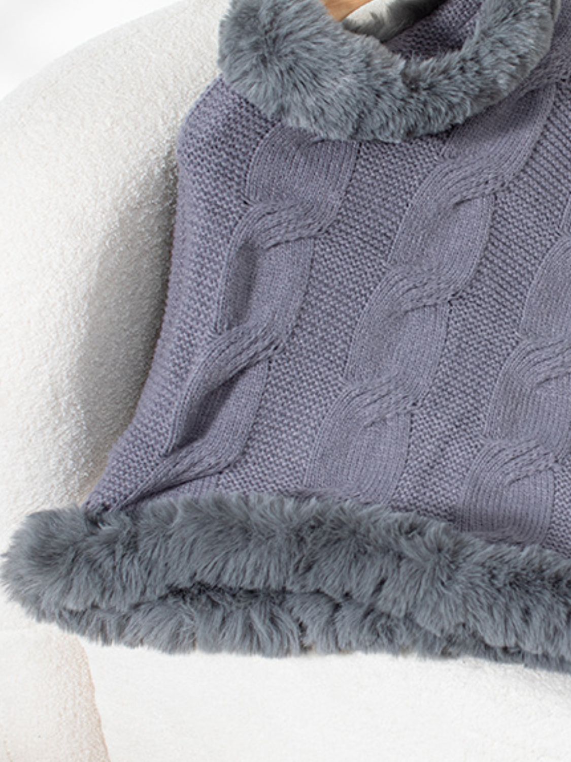 Fuzzy Hem Cable-Knit Poncho Trendsi