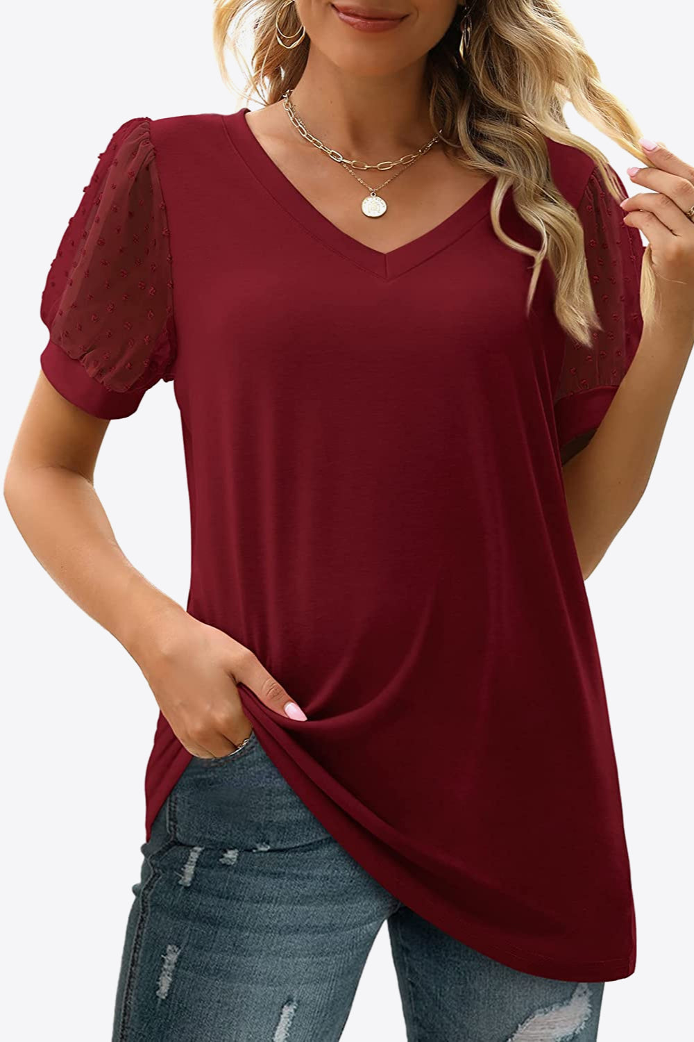 Swiss Dot Puff Sleeve V-Neck Tee Trendsi