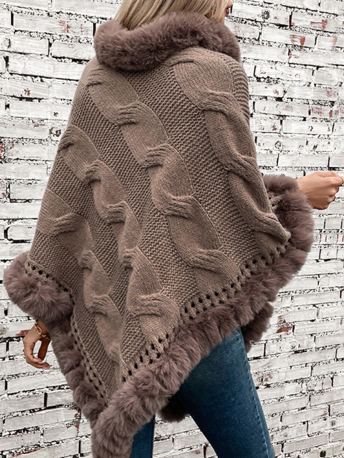Fuzzy Hem Cable-Knit Poncho Trendsi