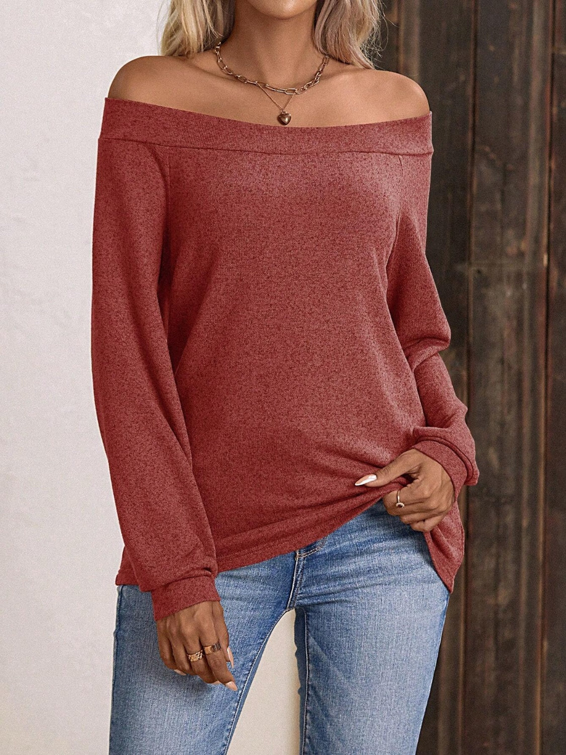 Off-Shoulder Long Sleeve T-Shirt Trendsi