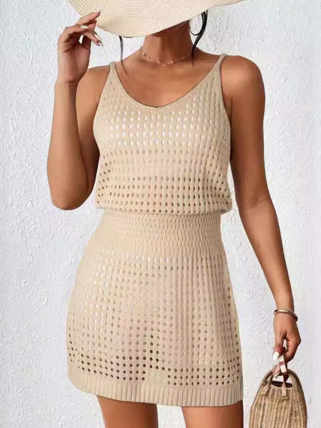 Openwork V-Neck Sleeveless Cover Up Dress Trendsi