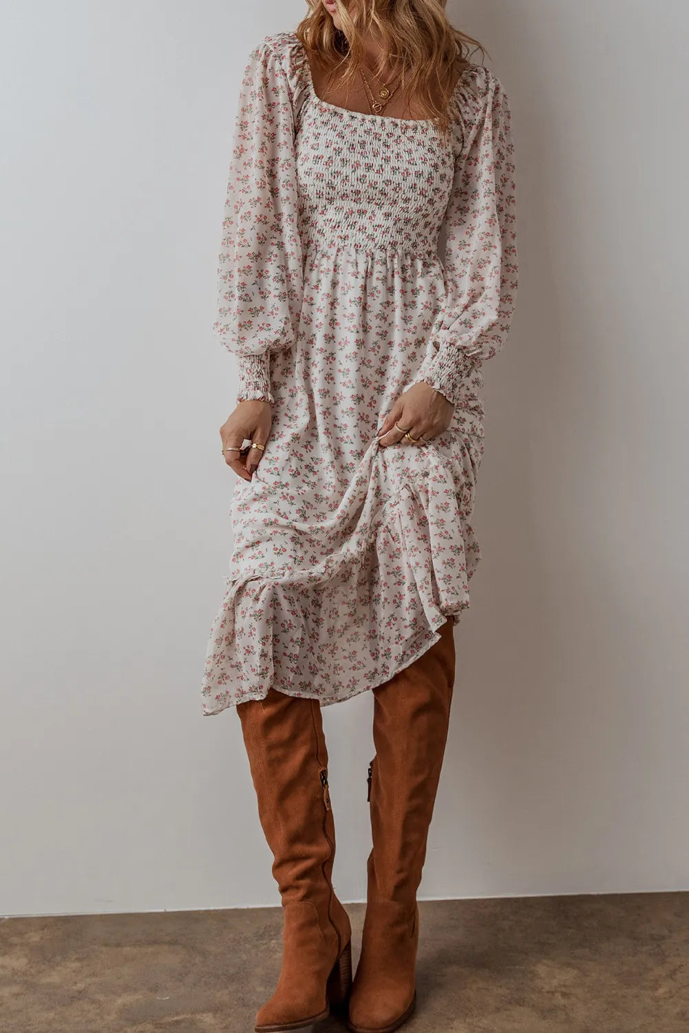 Smocked Floral Square Neck Long Sleeve Midi Dress Trendsi