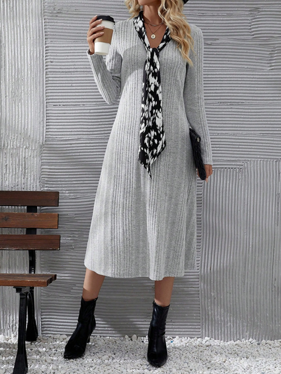 V-Neck Long Sleeve Midi Dress Trendsi