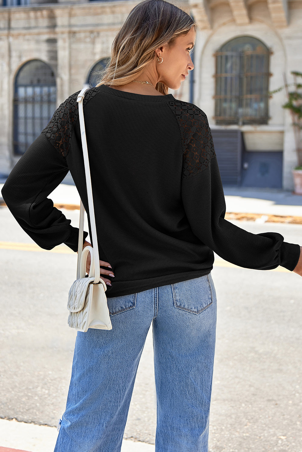 Lace Detail Round Neck Lantern Sleeve Top Trendsi