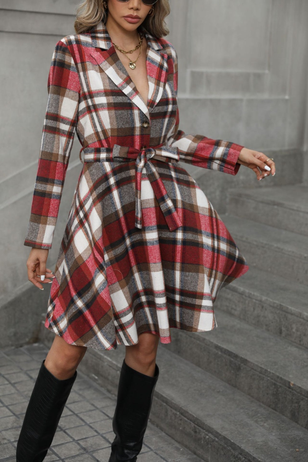 Plaid Tie Waist Long Sleeve Outerwear Trendsi