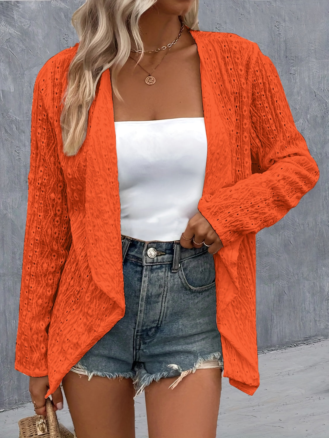 Eyelet Roll-Tab Sleeve Cardigan Trendsi