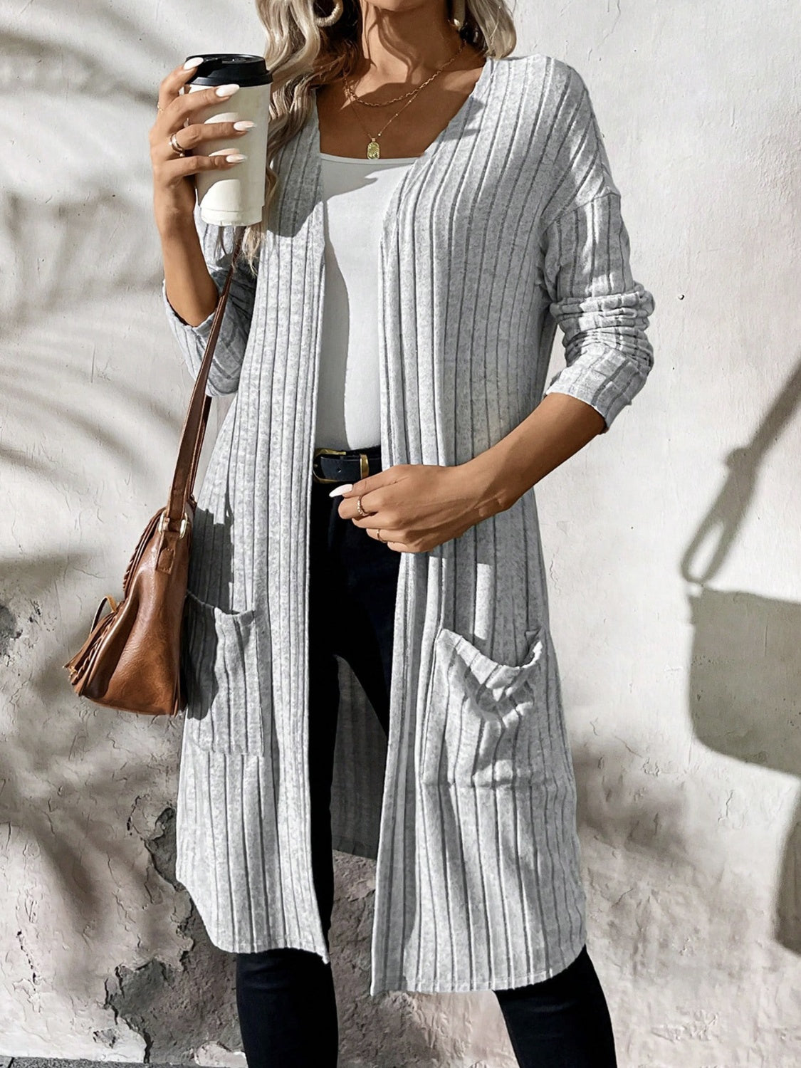 Ribbed Open Front Long Sleeve Cardigan with Pockets Trendsi