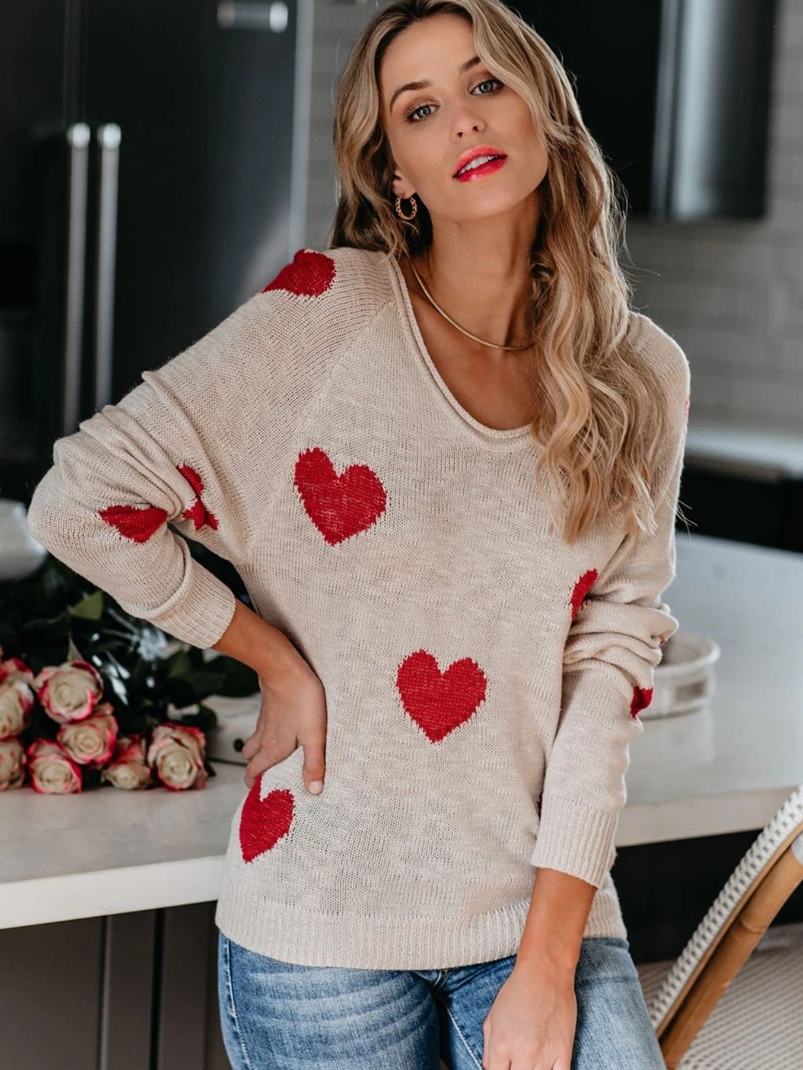 Heart Scoop Neck Long Sleeve Sweater Trendsi