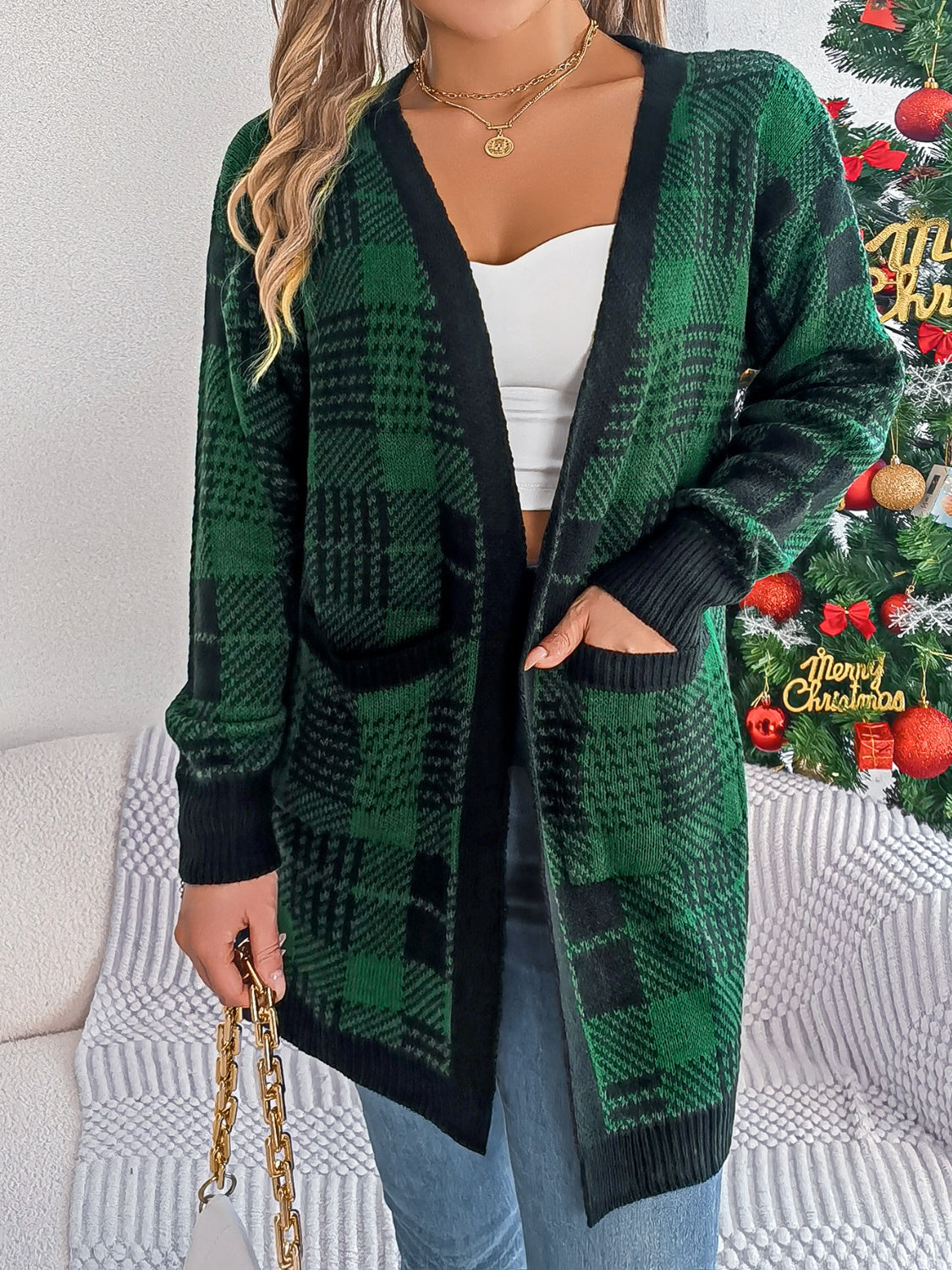 Plaid Open Front Long Sleeve Cardigan Trendsi