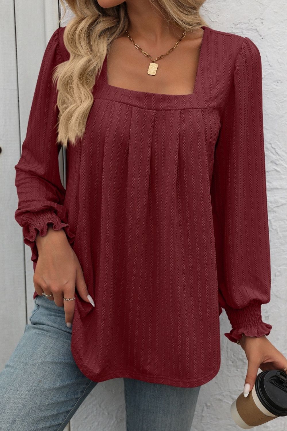 Mandy Square Neck Long Sleeve Top Trendsi