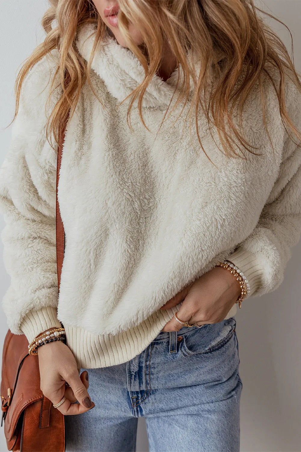 Fuzzy Dropped Shoulder Long Sleeve Hoodie Trendsi