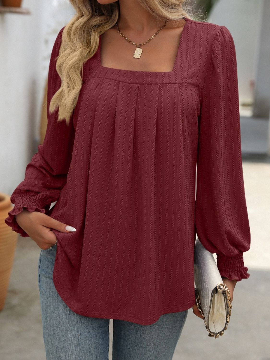 Mandy Square Neck Long Sleeve Top Trendsi