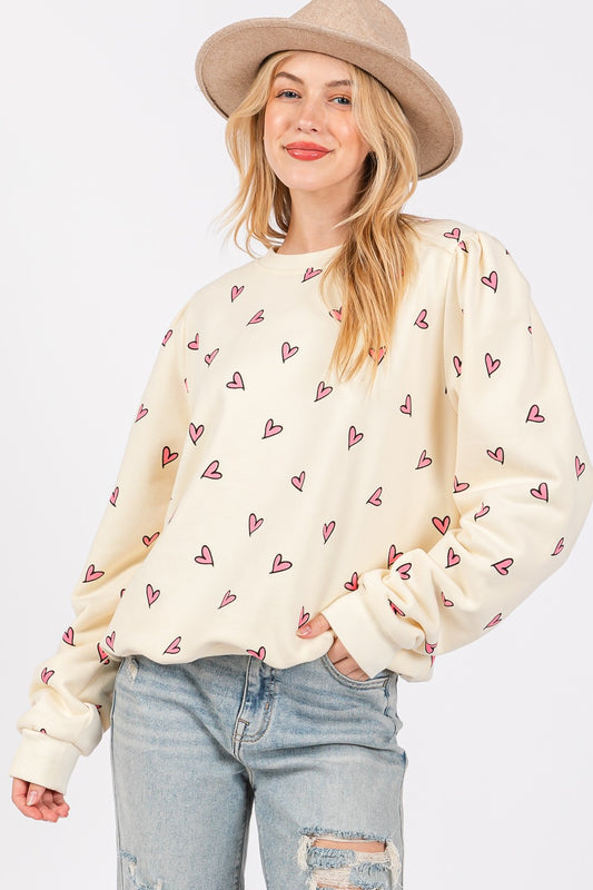 SAGE + FIG Heart Printed Contrast Long Sleeve Sweatshirt Trendsi