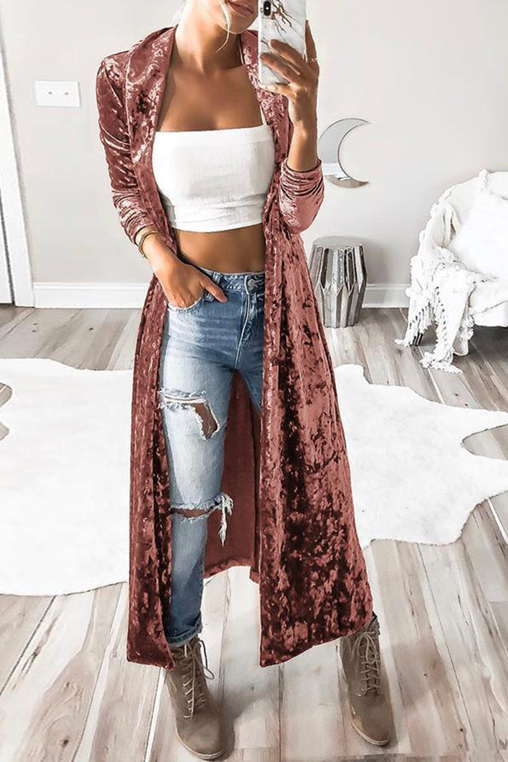 Open Front Long Sleeve Longline Velvet Cardigan Trendsi