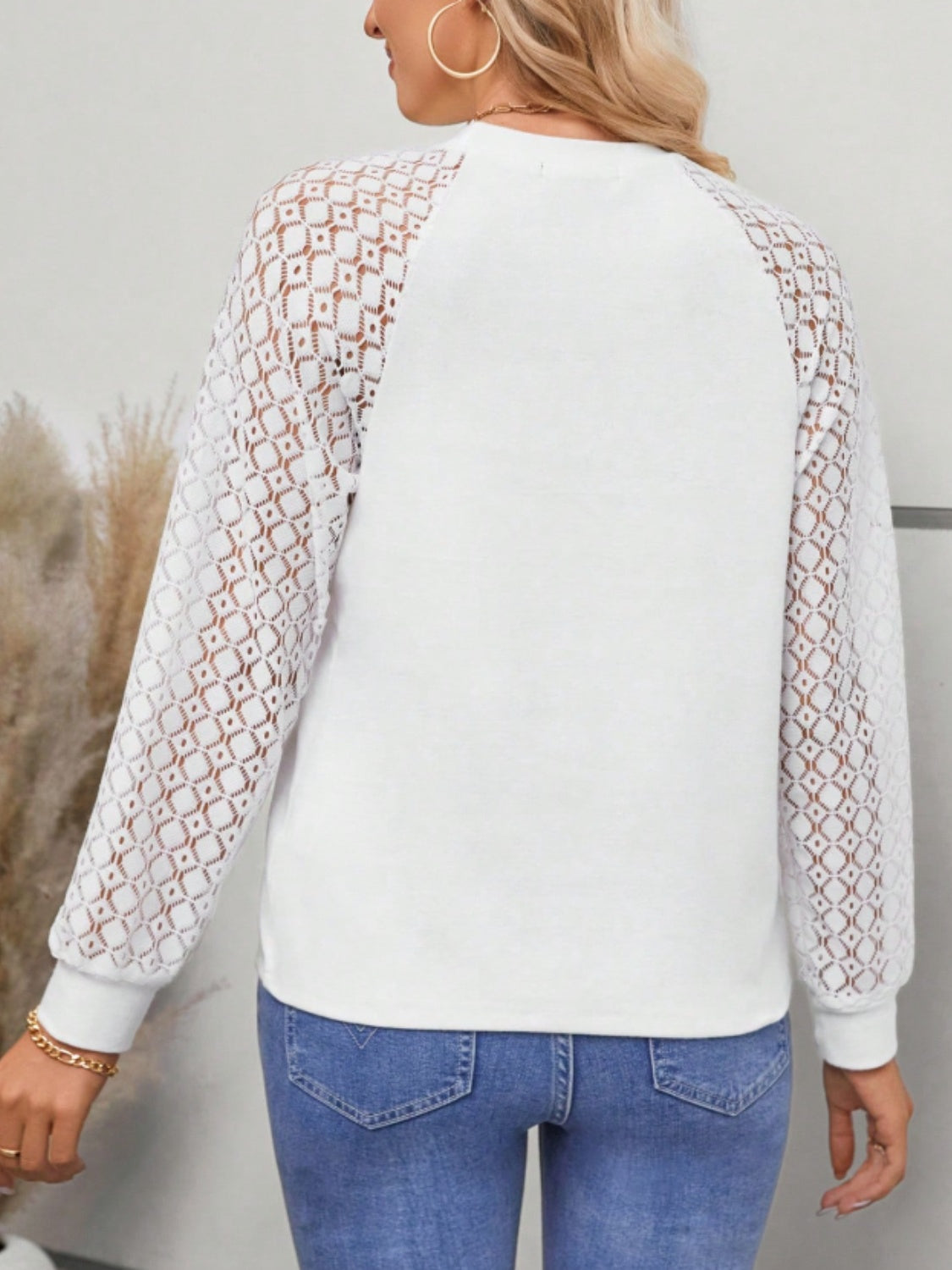 Round Neck Lace Raglan Sleeve Top Trendsi