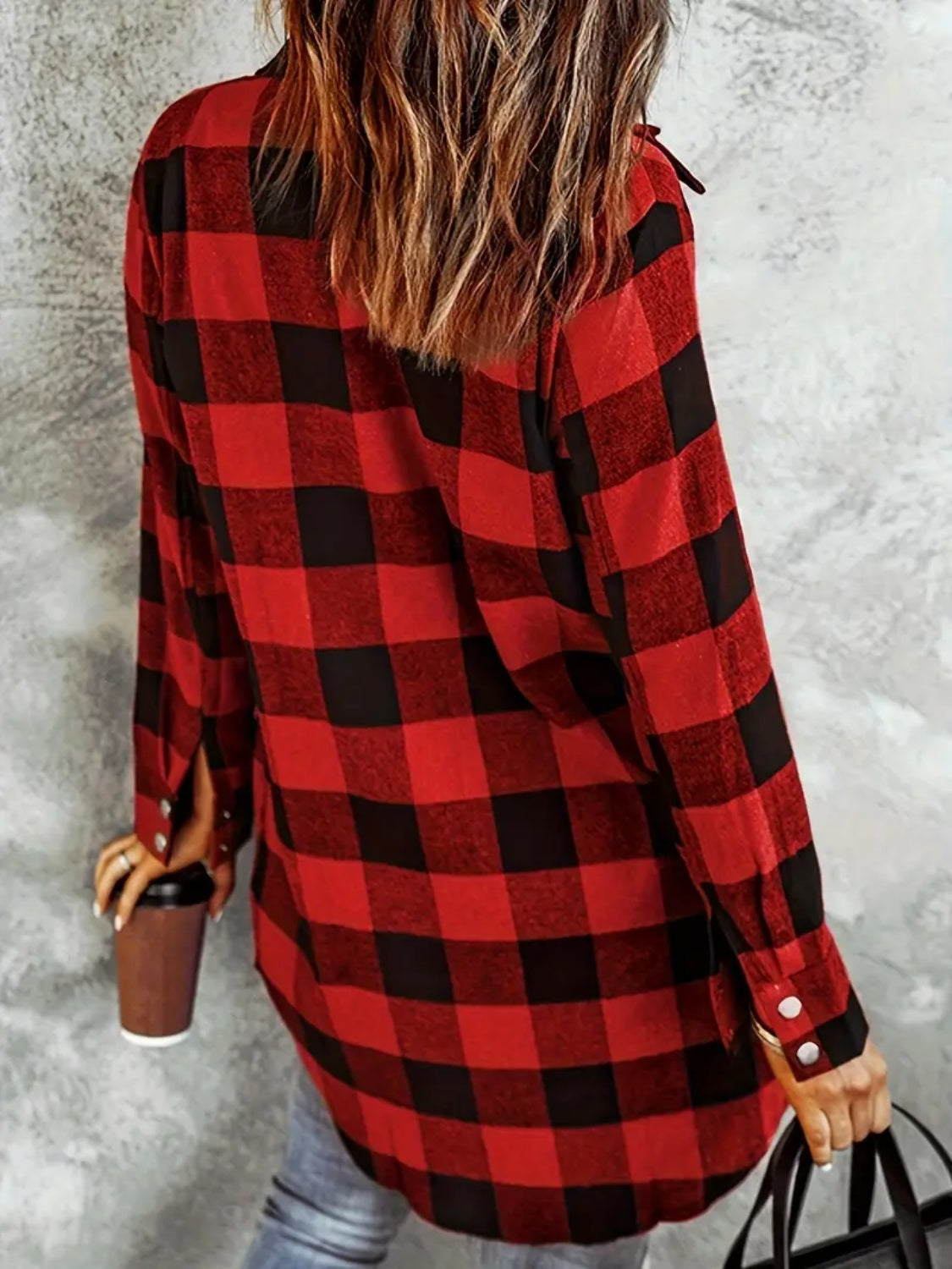 Plaid Collared Neck Snap Down Long Sleeve Jacket Trendsi