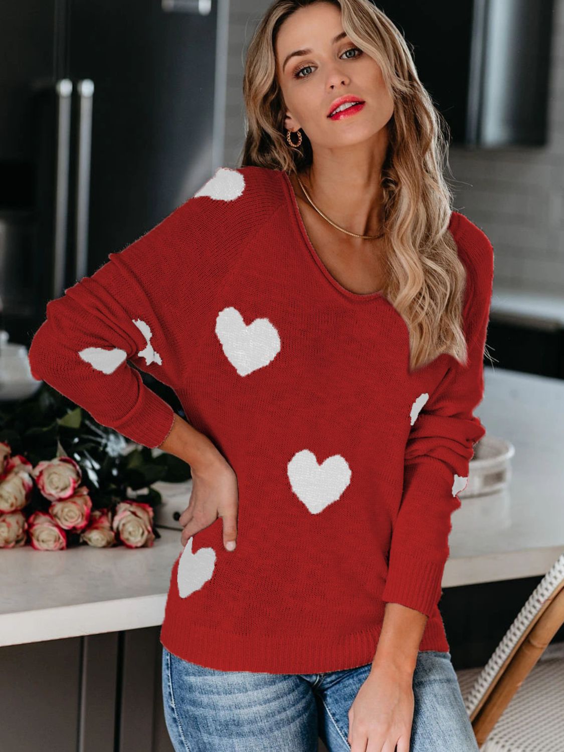 Heart Scoop Neck Long Sleeve Sweater Trendsi