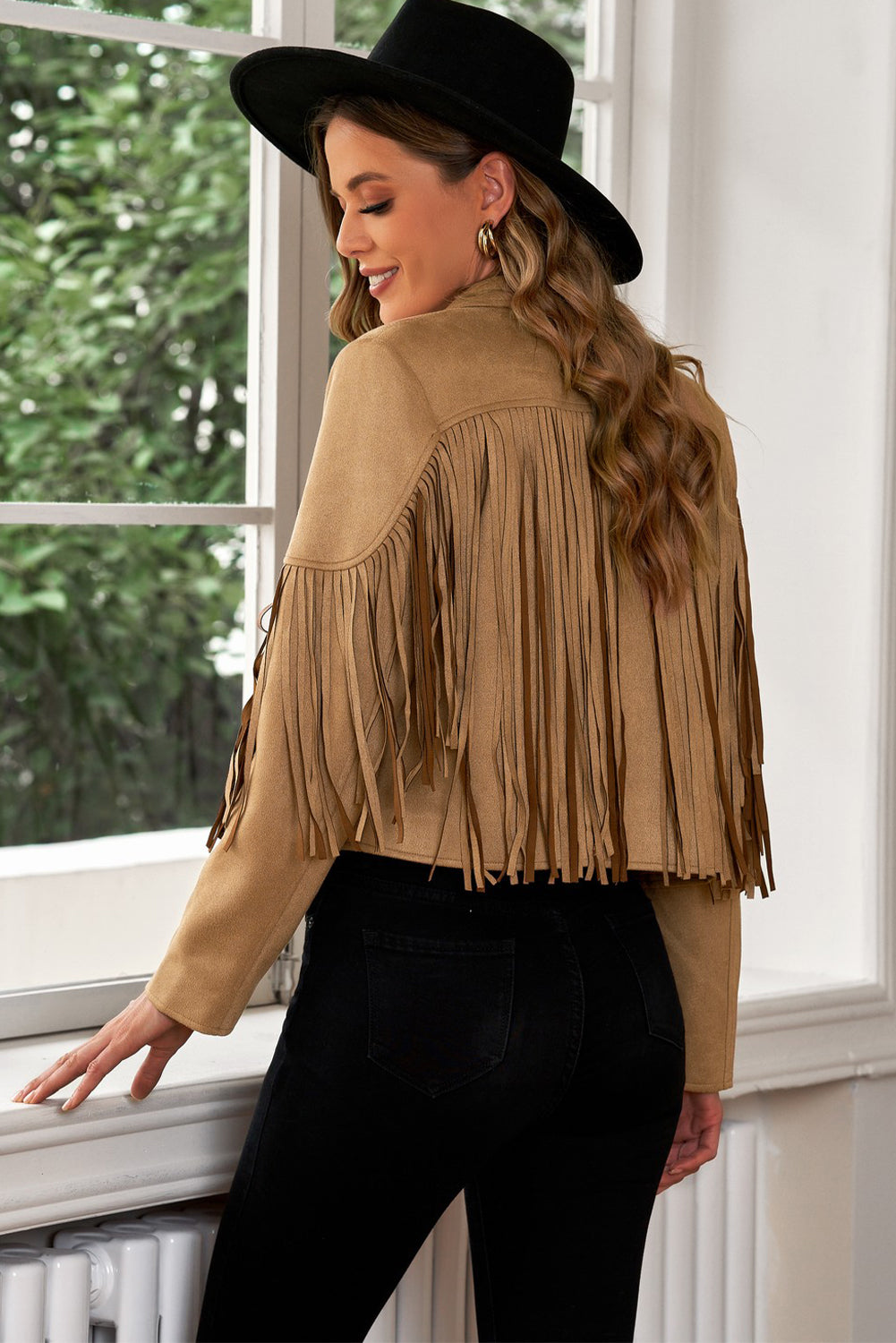 Fringe Trim Lapel Collar Cropped Blazer Trendsi