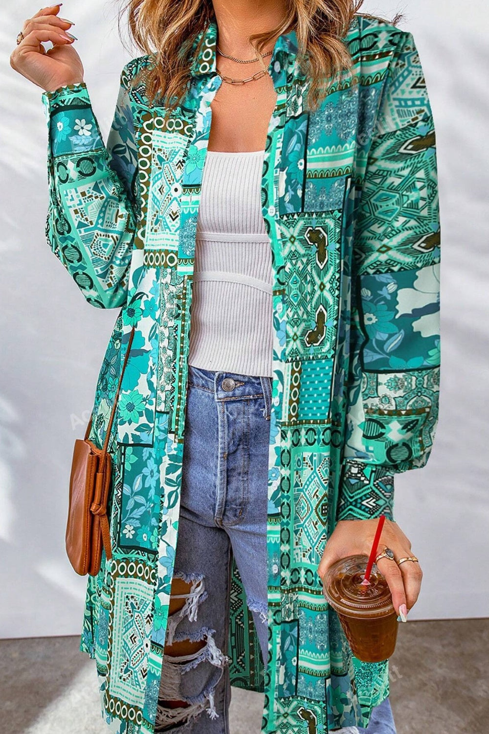 Printed Button Up Long Sleeve Cardigan Trendsi