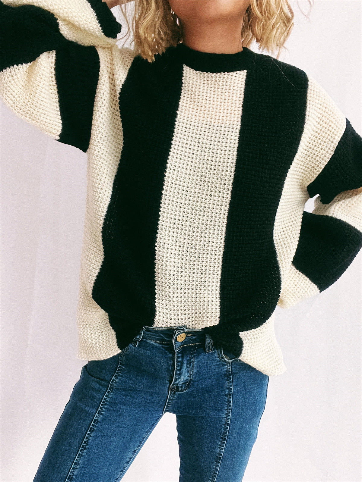 Color Block Round Neck Long Sleeve Sweater Trendsi