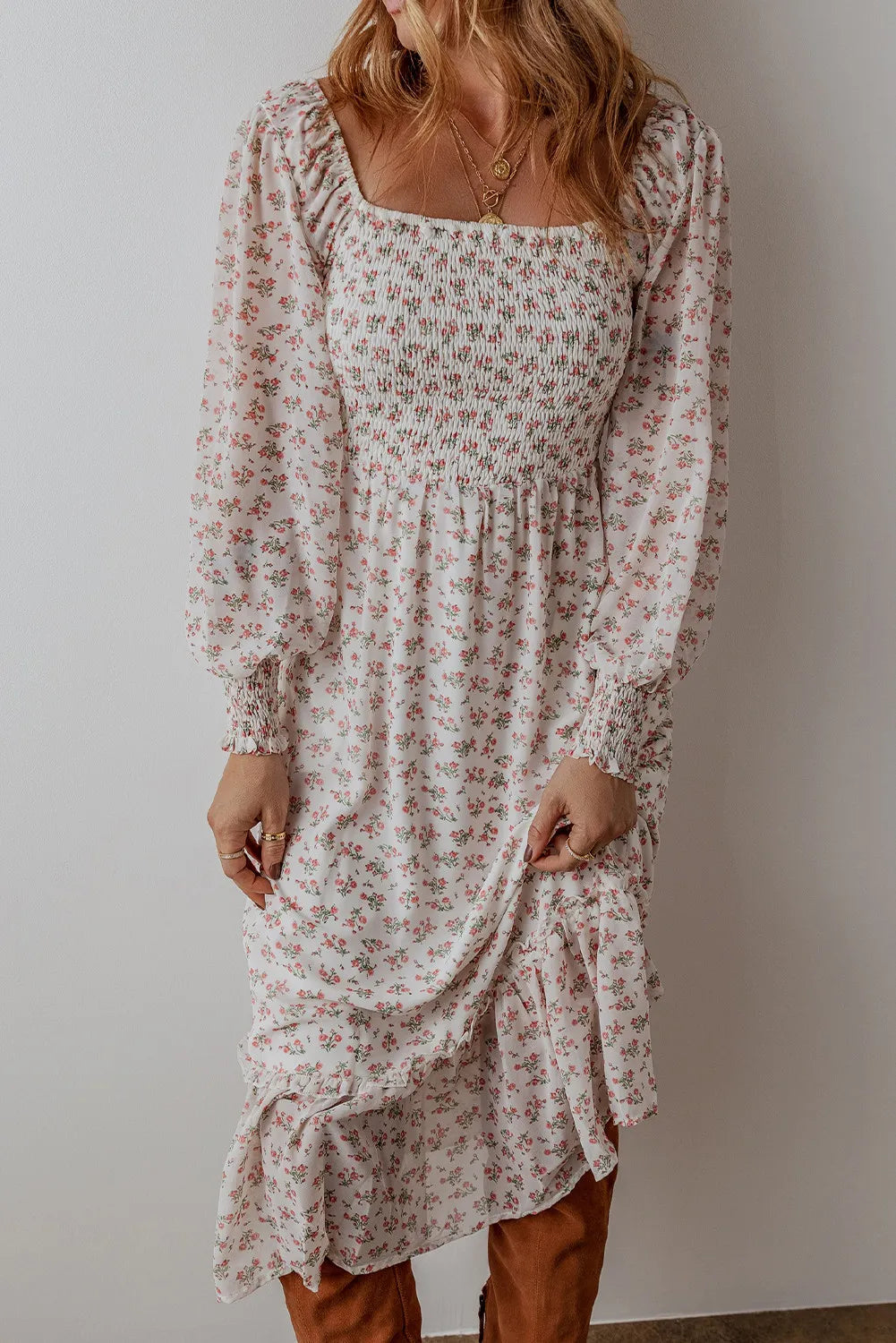 Smocked Floral Square Neck Long Sleeve Midi Dress Trendsi