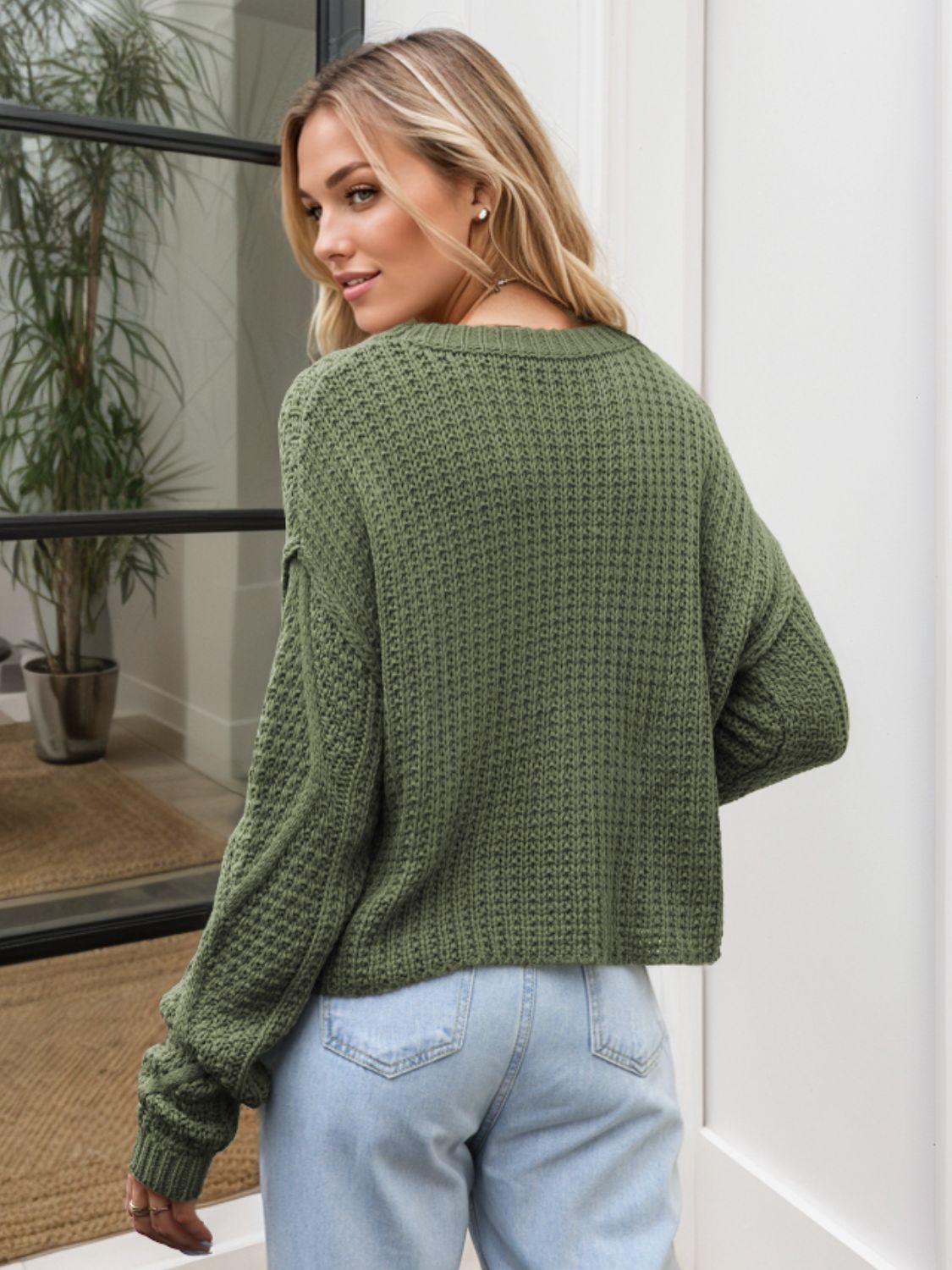 Cable-Knit Round Neck Dropped Shoulder Sweater Trendsi