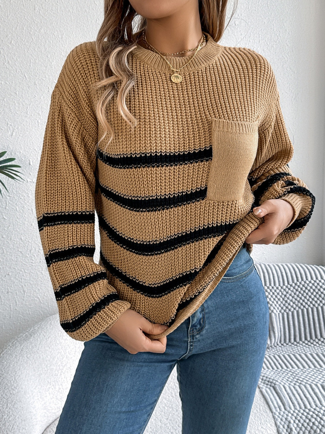 Striped Round Neck Long Sleeve Sweater Trendsi