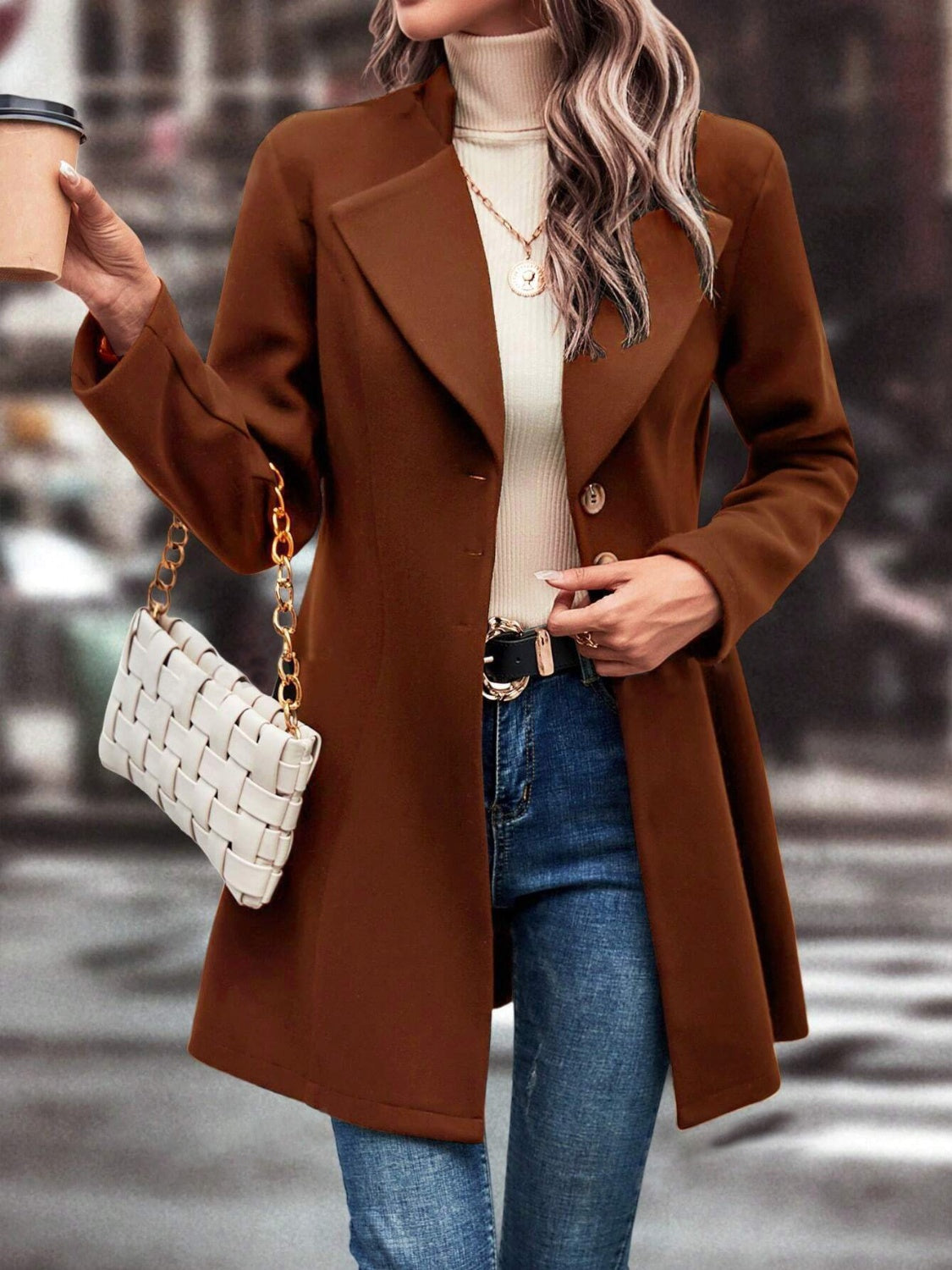 Collared Neck Long Sleeve Longline Coat Trendsi