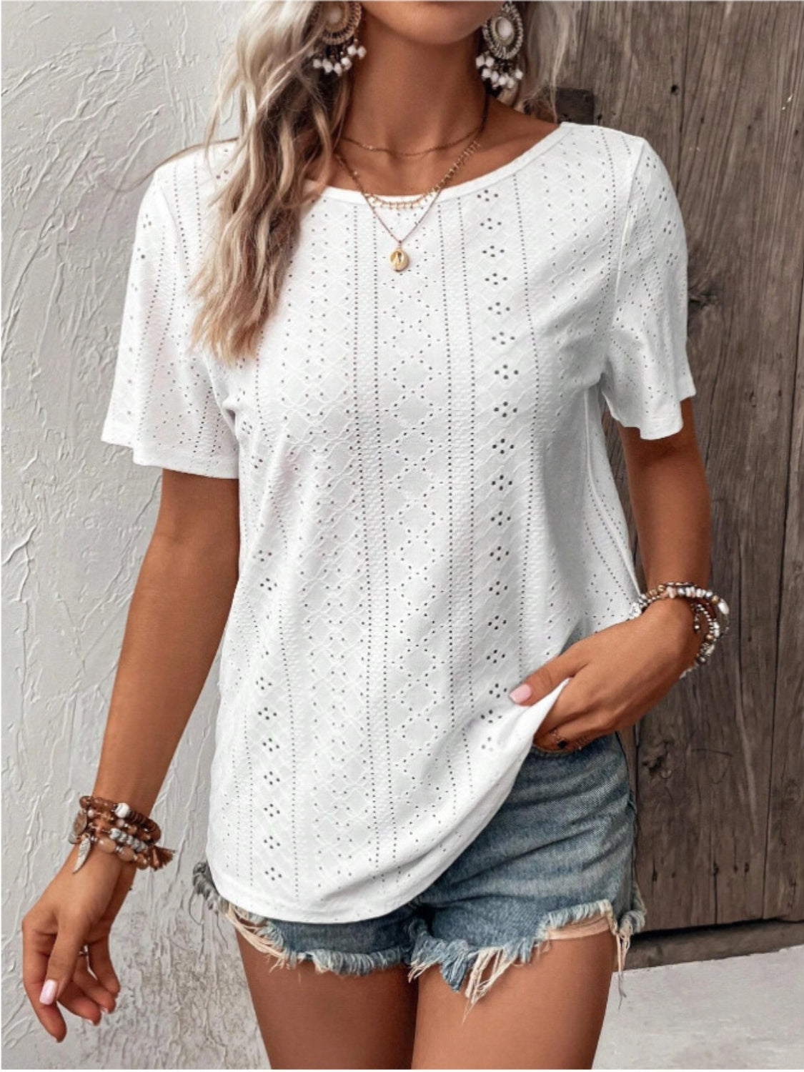 Lace Detail Eyelet Short Sleeve Blouse Trendsi