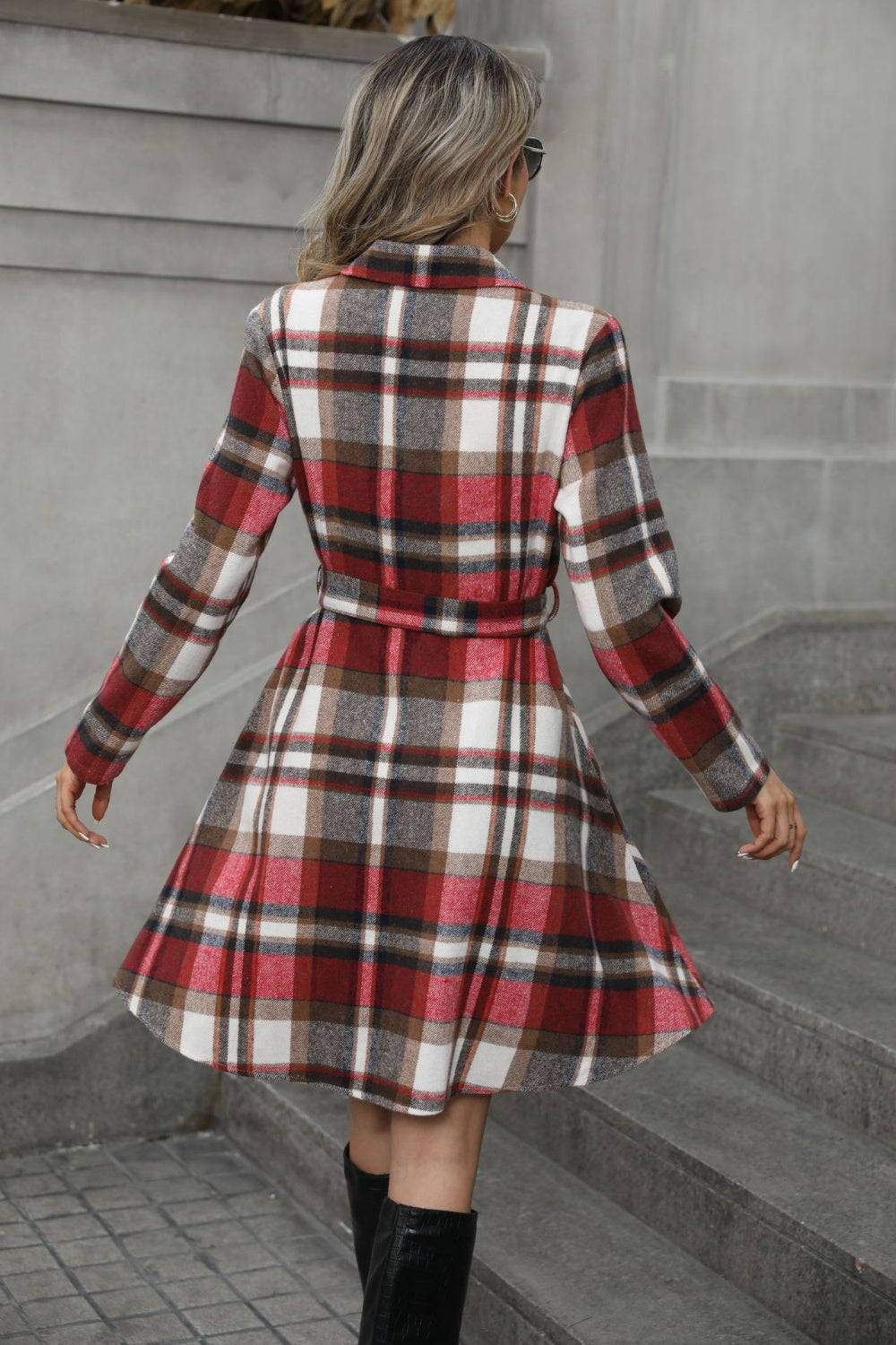 Plaid Tie Waist Long Sleeve Outerwear Trendsi