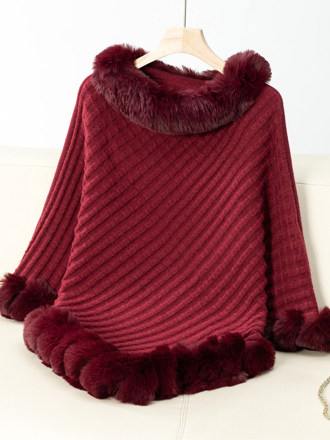 Fuzzy Trim Texture Three-Quarter Sleeve Poncho Trendsi