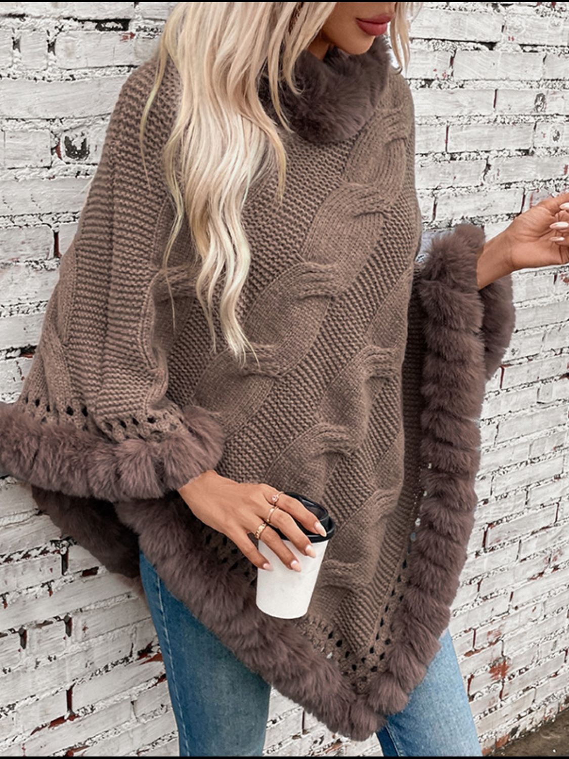 Fuzzy Hem Cable-Knit Poncho Trendsi