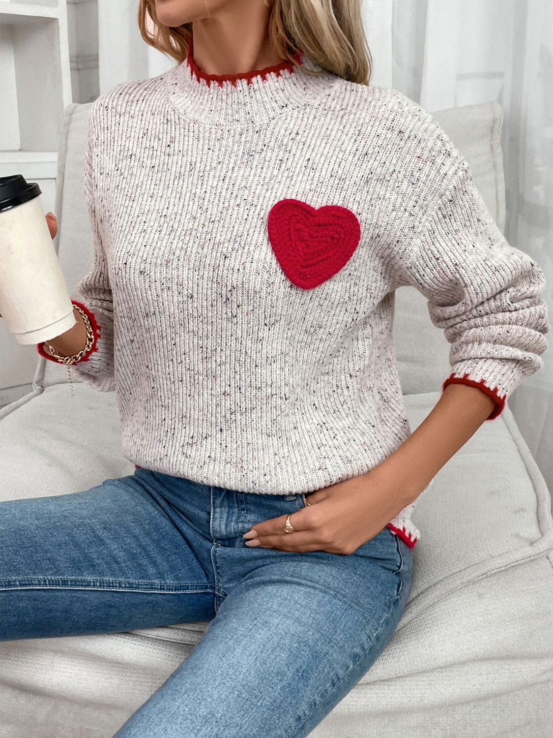 Perfee Contrast Heart Round Neck Long Sleeve Sweater Trendsi