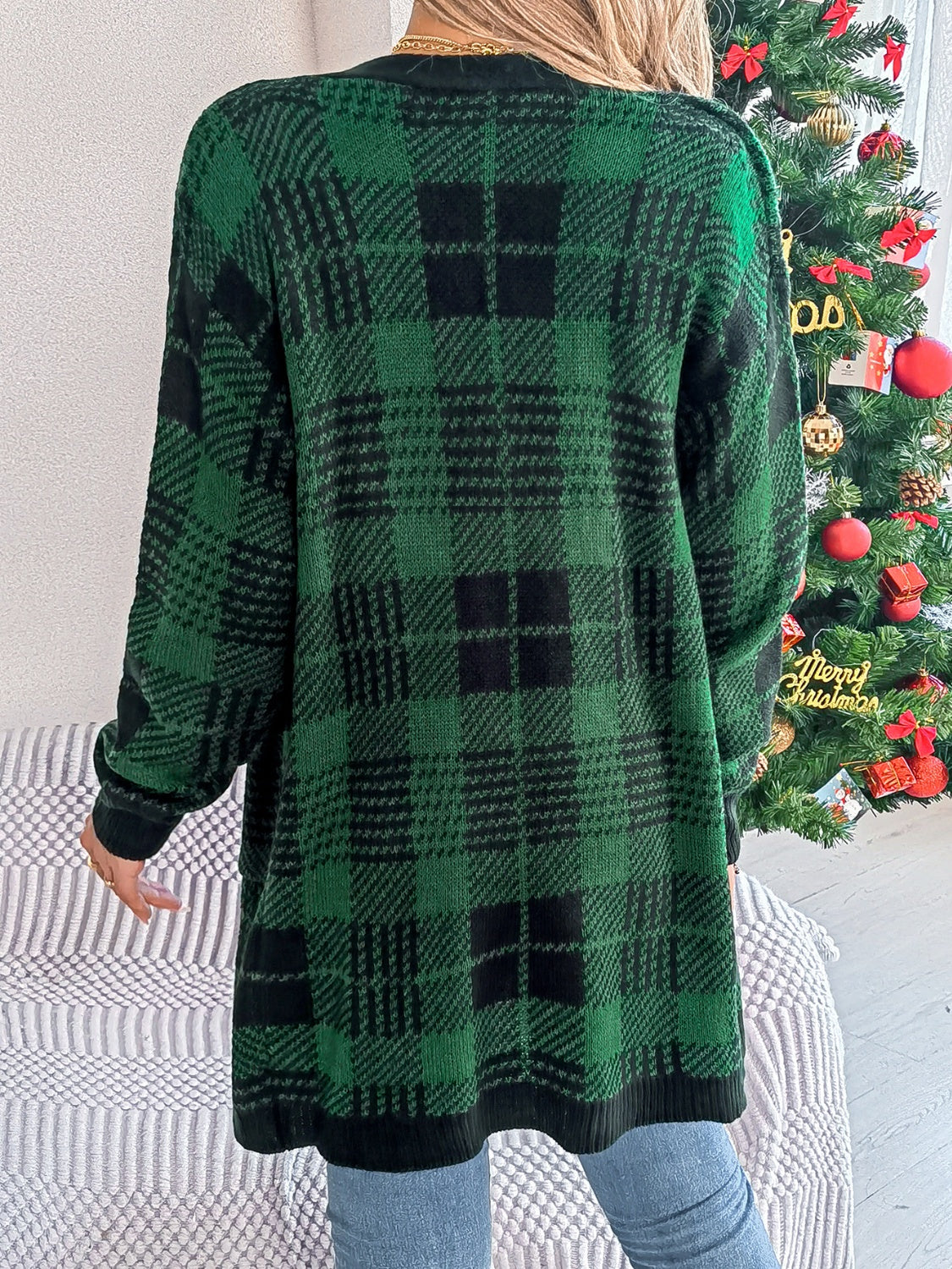 Plaid Open Front Long Sleeve Cardigan Trendsi