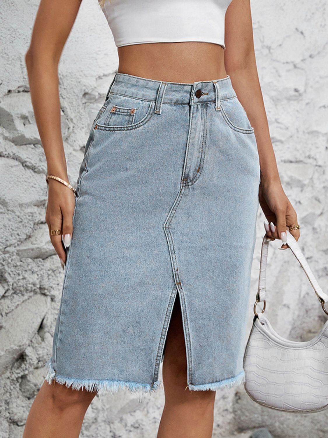 Raw Hem Slit Denim Skirt Trendsi