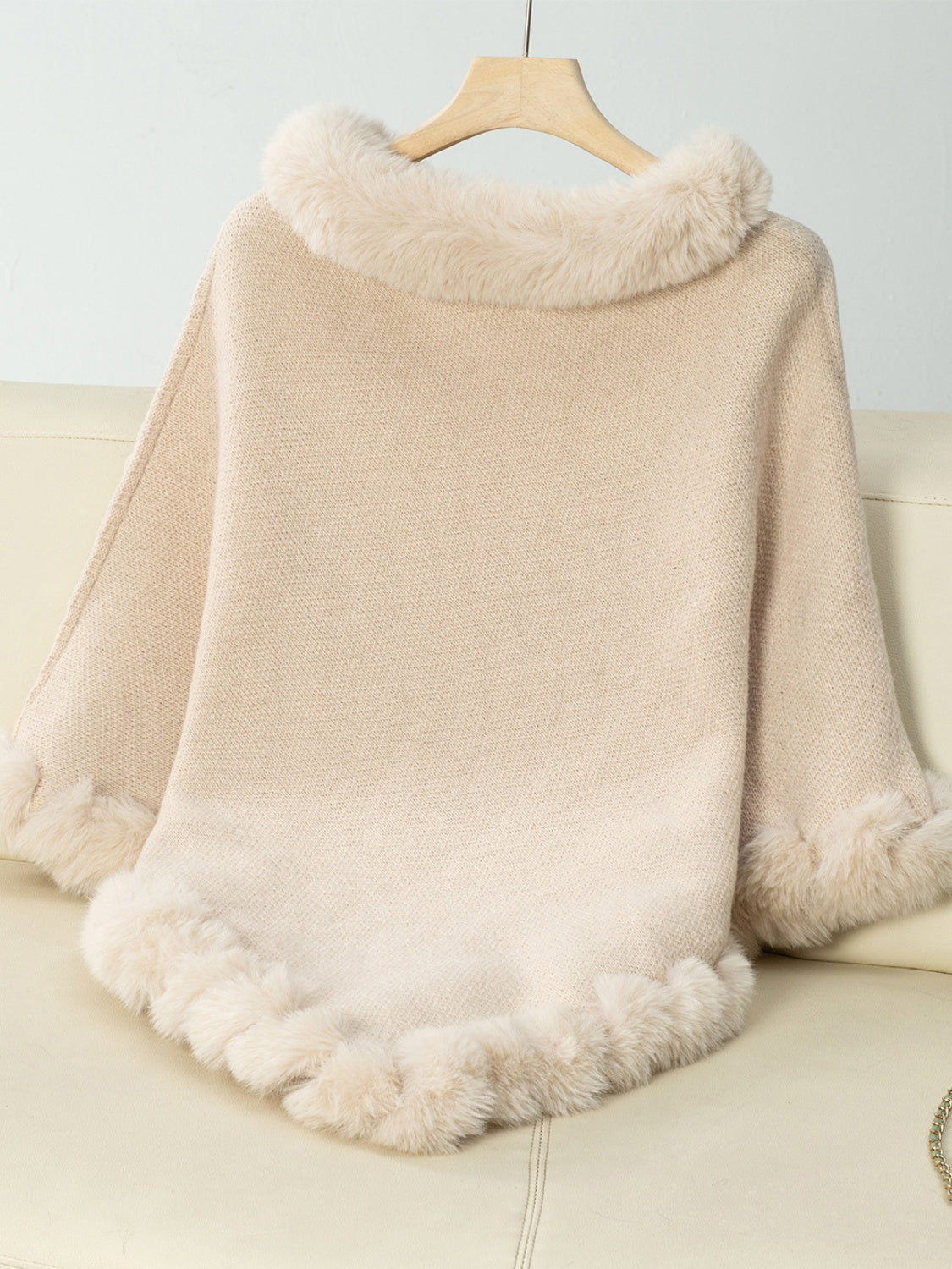 Fuzzy Trim Texture Three-Quarter Sleeve Poncho Trendsi