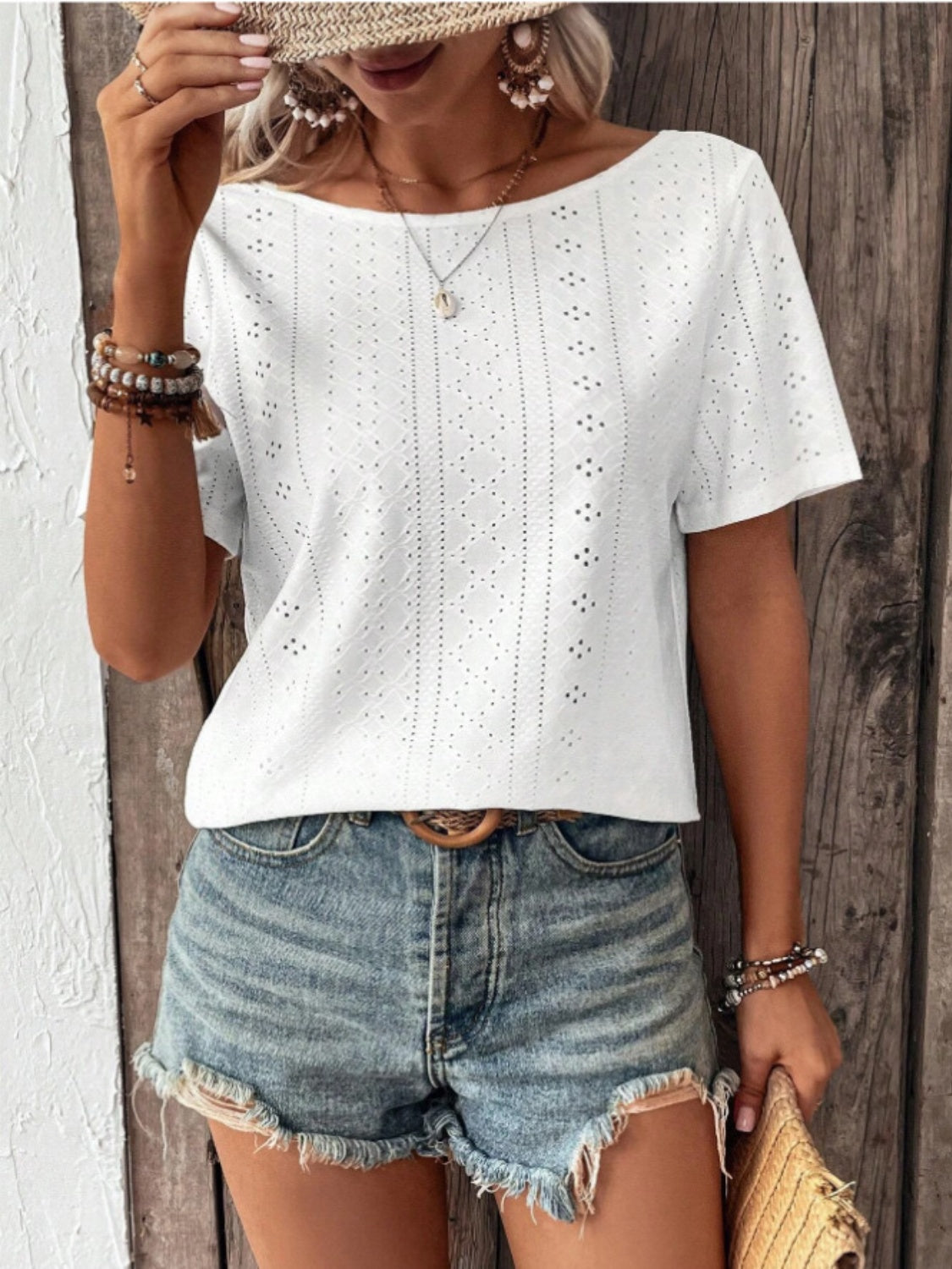 Lace Detail Eyelet Short Sleeve Blouse Trendsi