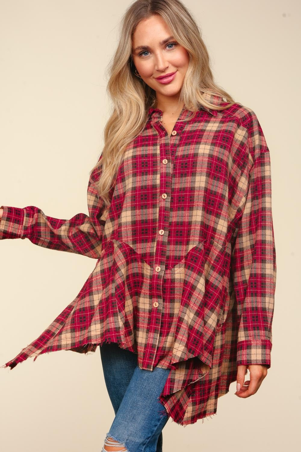 Haptics Plaid Button Down Sharkbite Shirt Trendsi