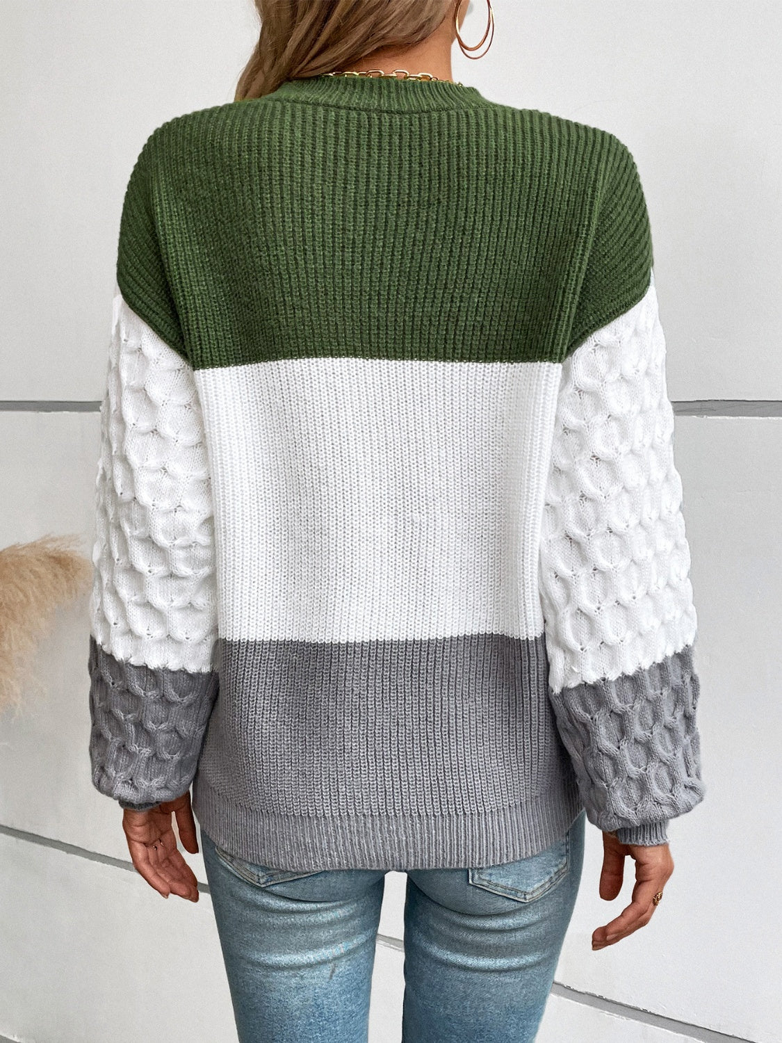 Color Block Round Neck Long Sleeve Sweater Trendsi