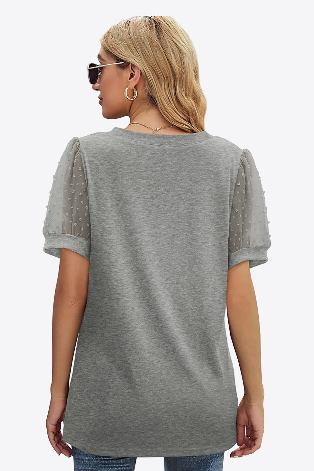 Swiss Dot Puff Sleeve V-Neck Tee Trendsi