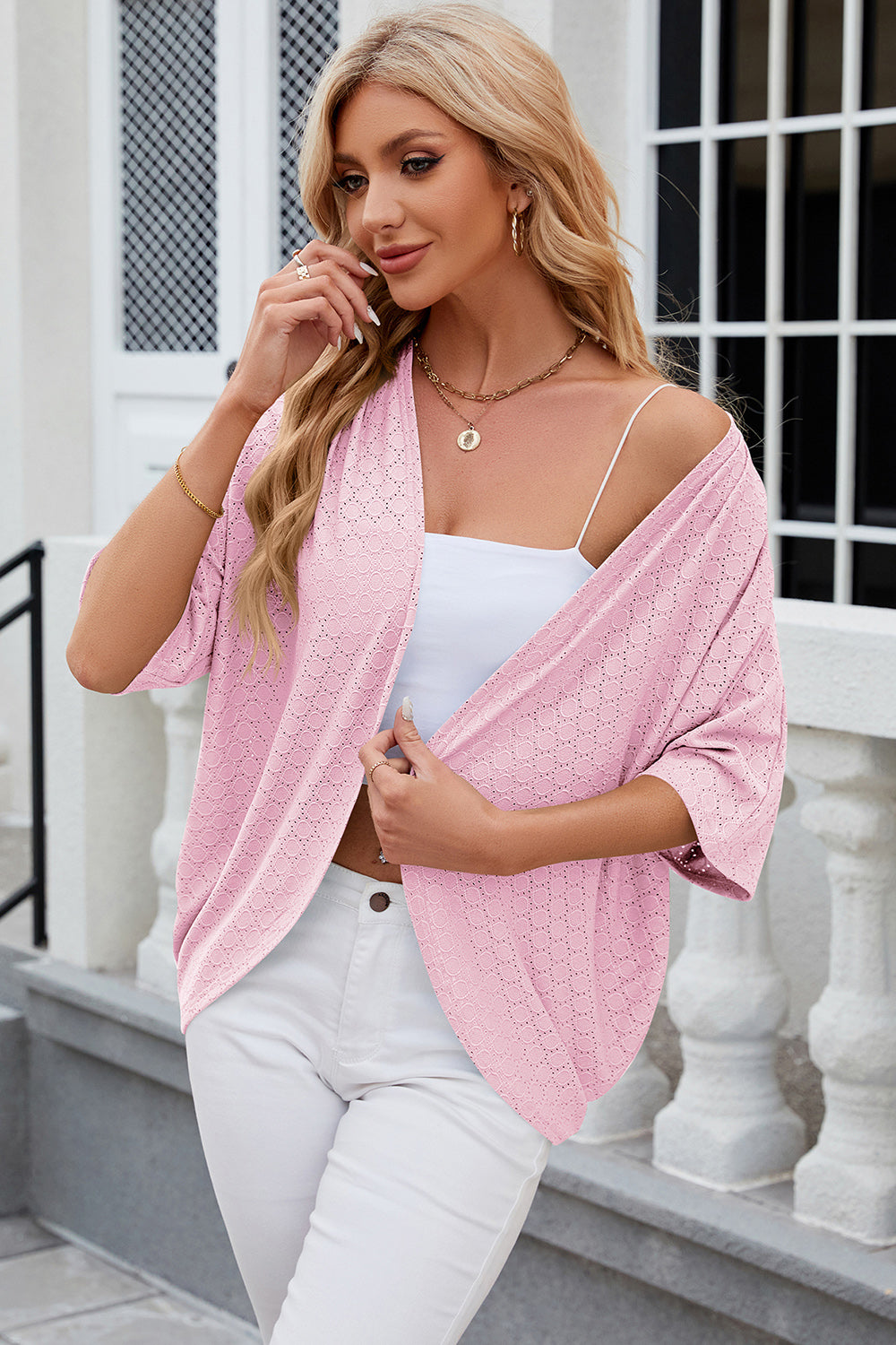 Eyelet Open Front Half Sleeve Cardigan Trendsi