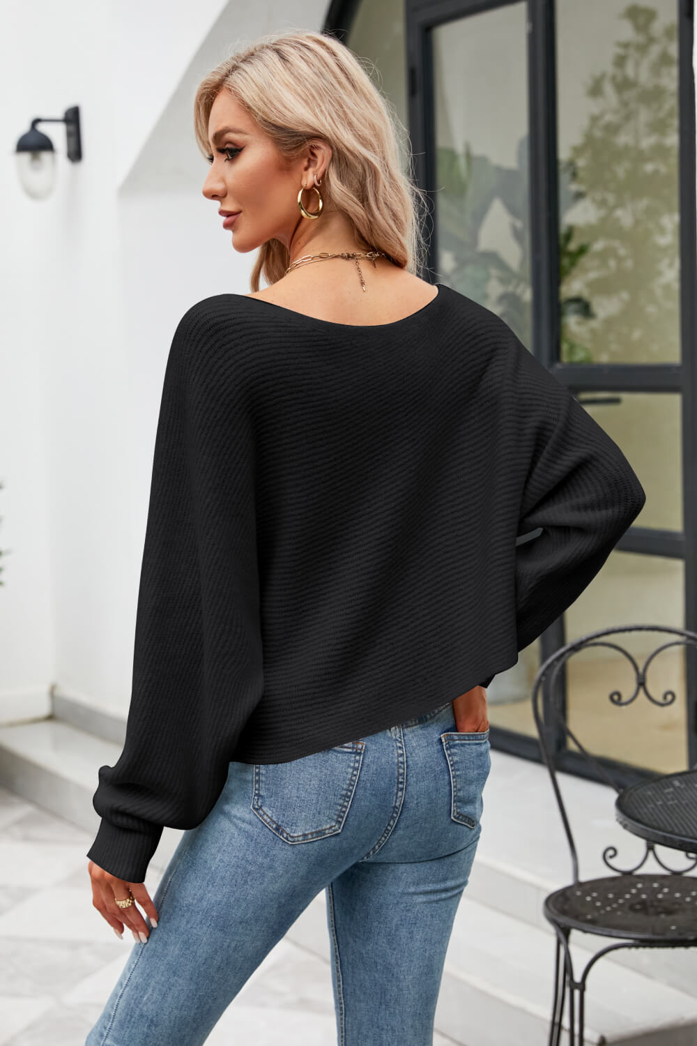 Boat Neck Horizontal Ribbing Dolman Sleeve Sweater Trendsi