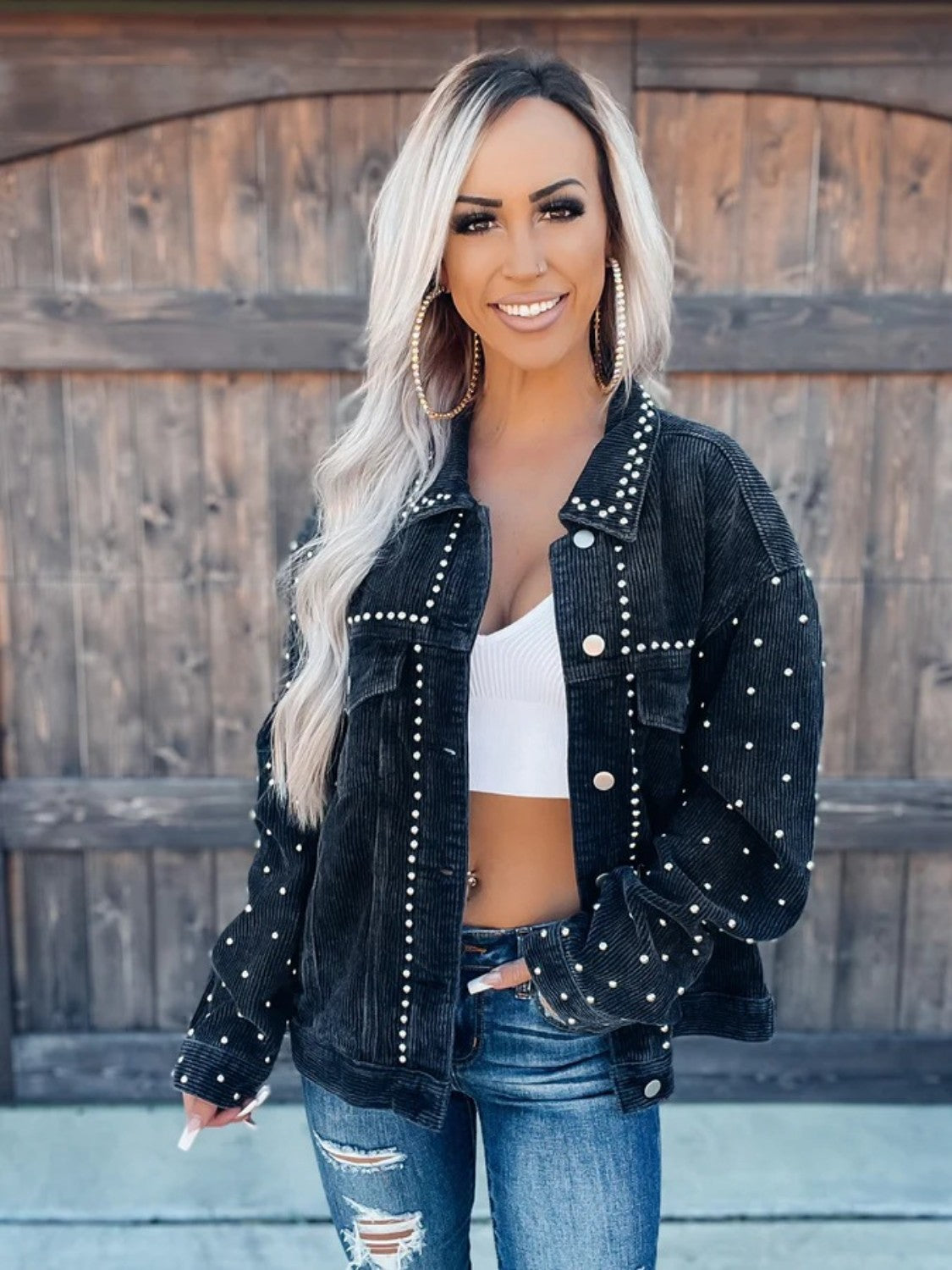 Studded Collared Neck Button Down Jacket Trendsi