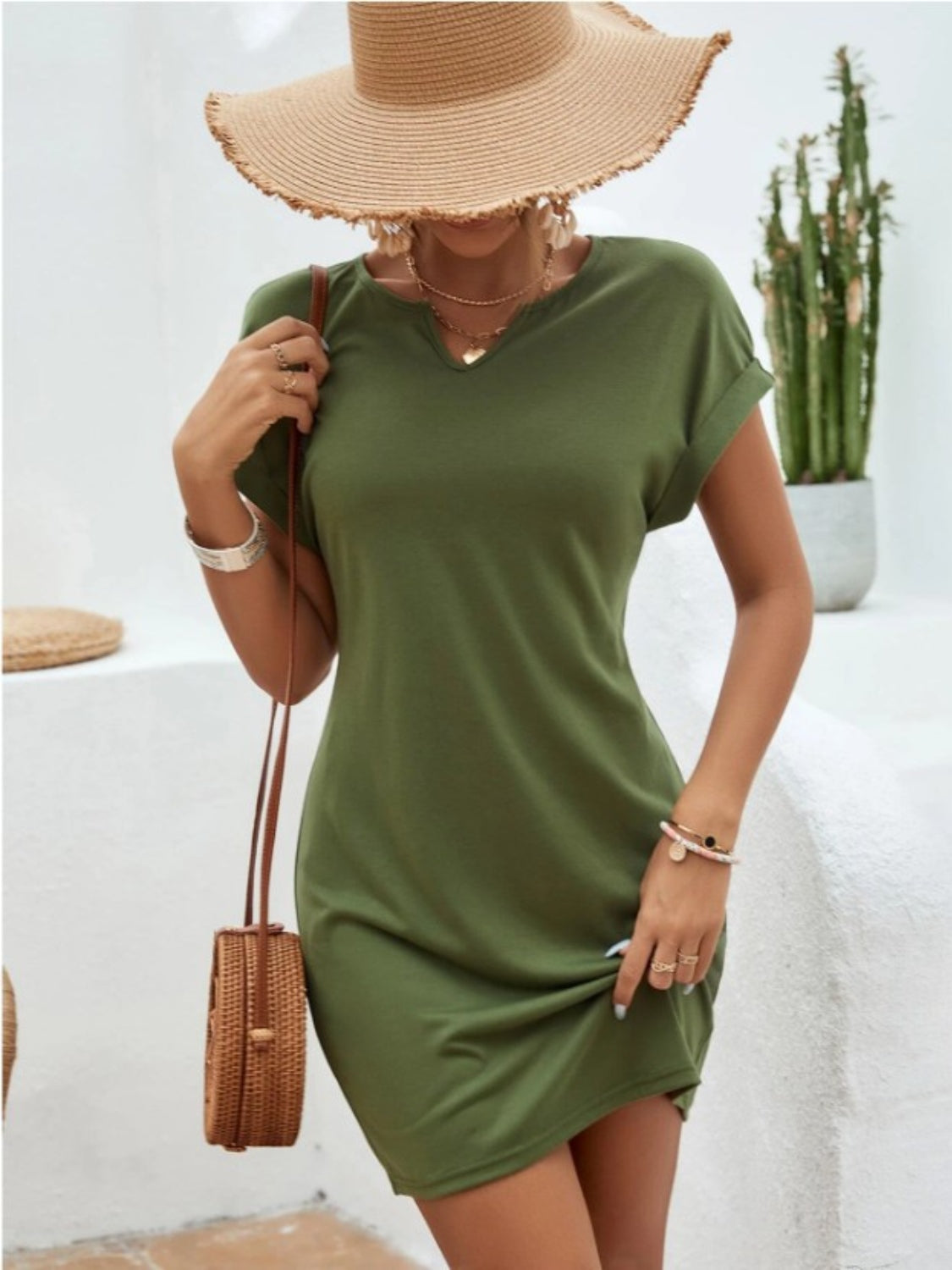 Notched Short Sleeve Mini Tee Dress - Boutique Clothing Trendsi