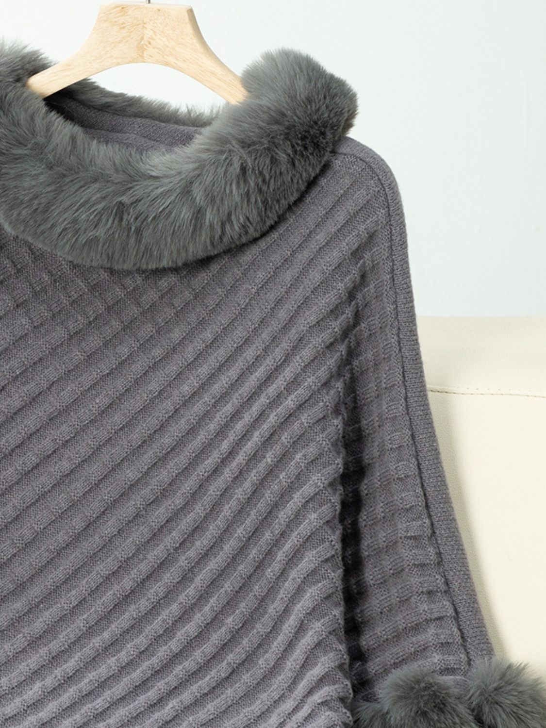 Fuzzy Trim Texture Three-Quarter Sleeve Poncho Trendsi