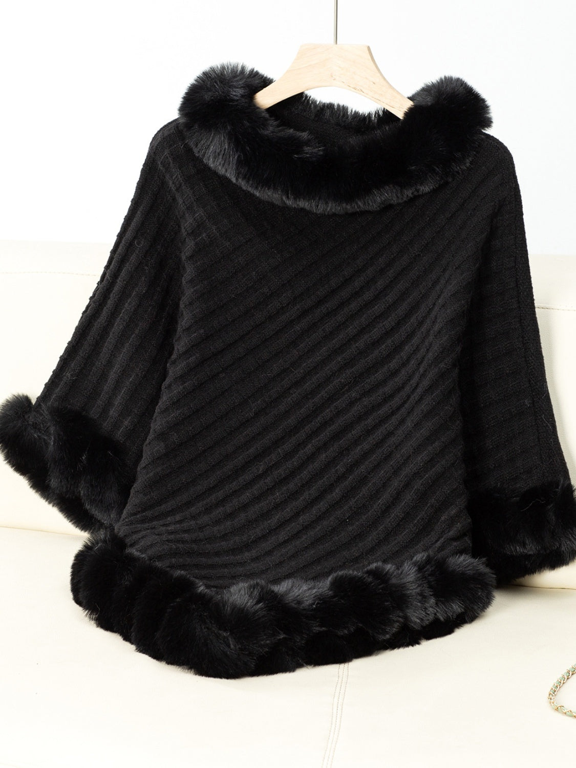 Fuzzy Trim Texture Three-Quarter Sleeve Poncho Trendsi