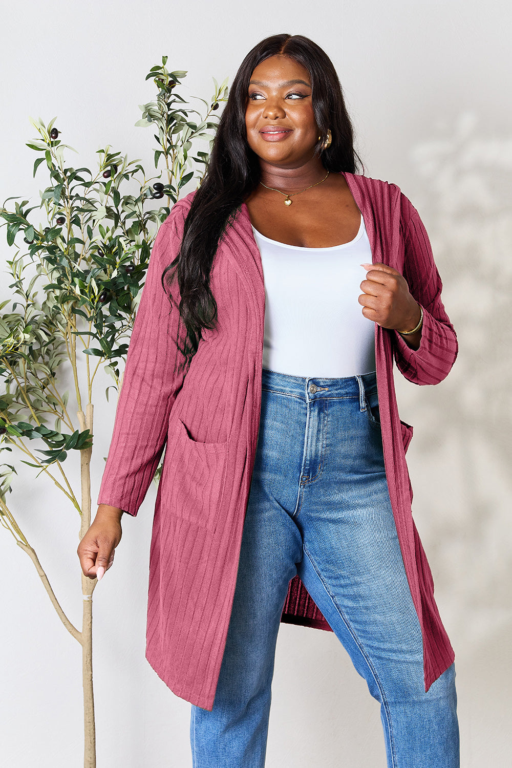 Basic Bae Full Size Hooded Sweater Cardigan Trendsi