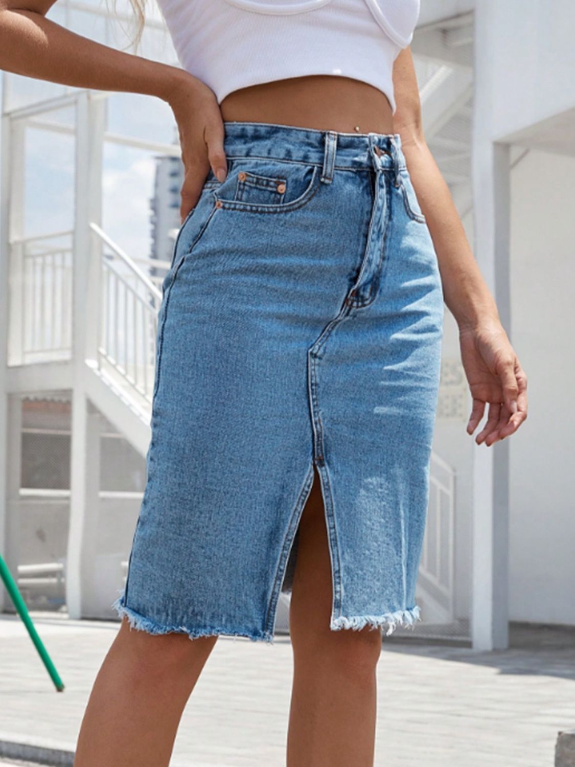 Raw Hem Slit Denim Skirt Trendsi