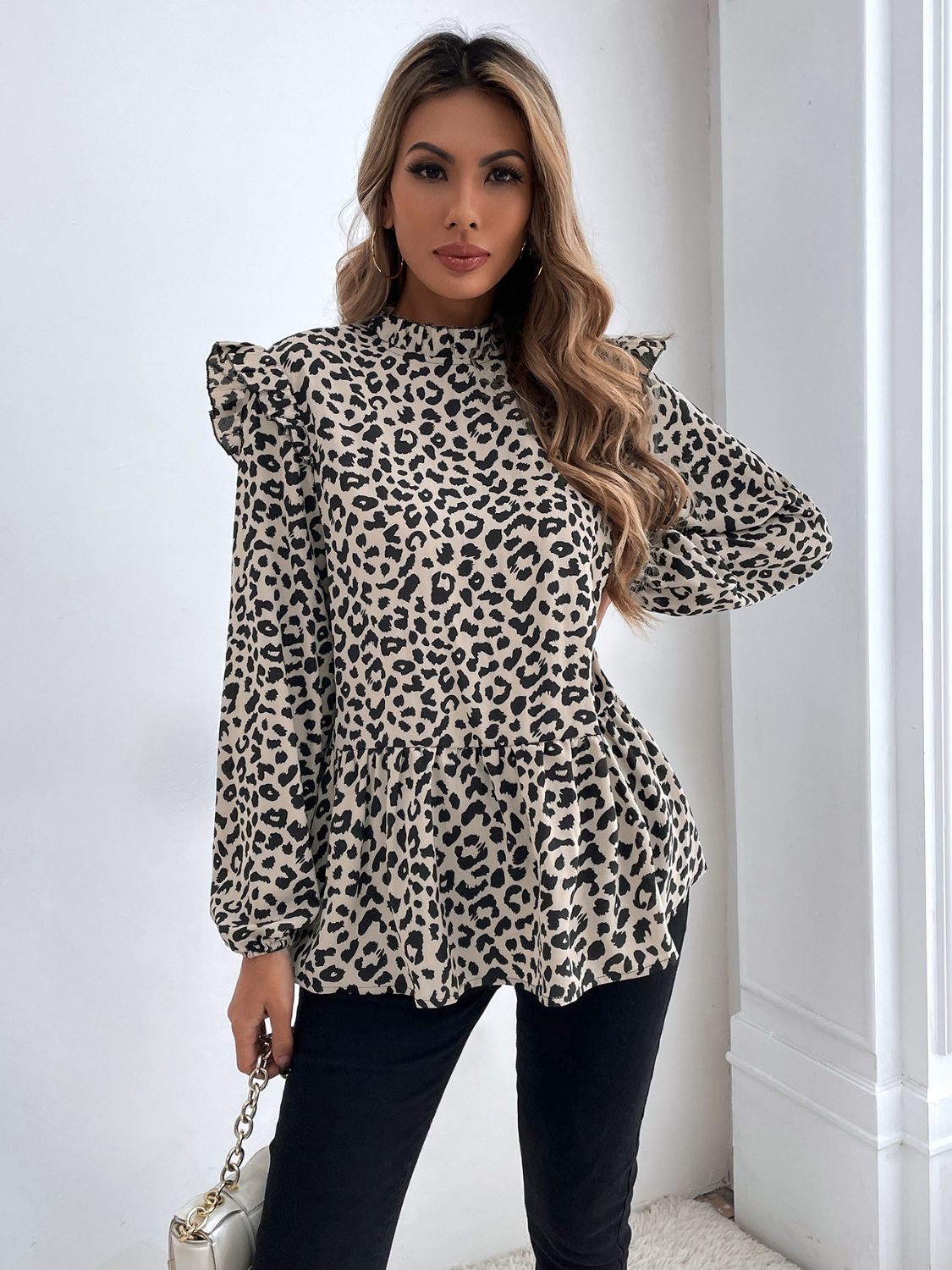 Ruffled Leopard Mock Neck Long Sleeve Blouse Trendsi