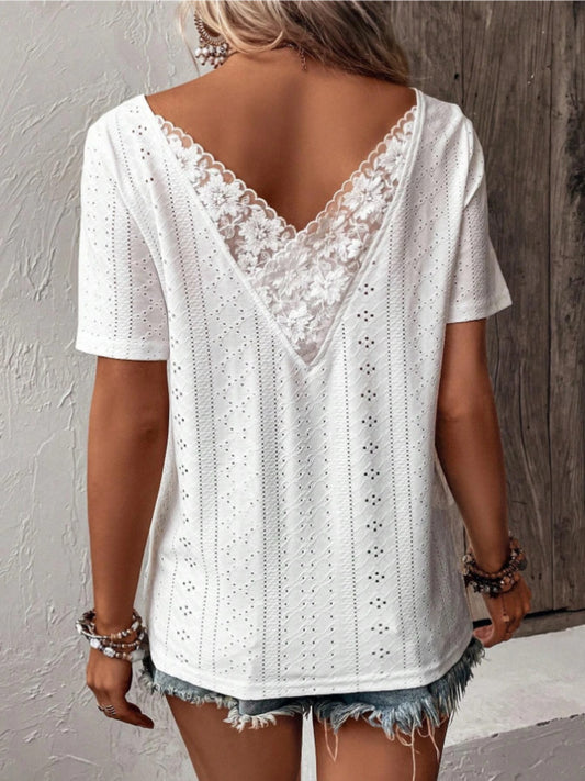 Lace Detail Eyelet Short Sleeve Blouse Trendsi